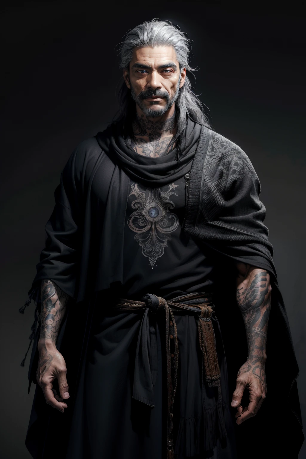 a realistic Mexican man, in his 29 years, with a tattoo on his right arm, eye irises of the same color, very detailed eyes, gray eyes, with gray hair, long hair, wearing a black poncho dress, fractal background, in the background there is Necromancy, dark background, studio lighting, Fractal Art