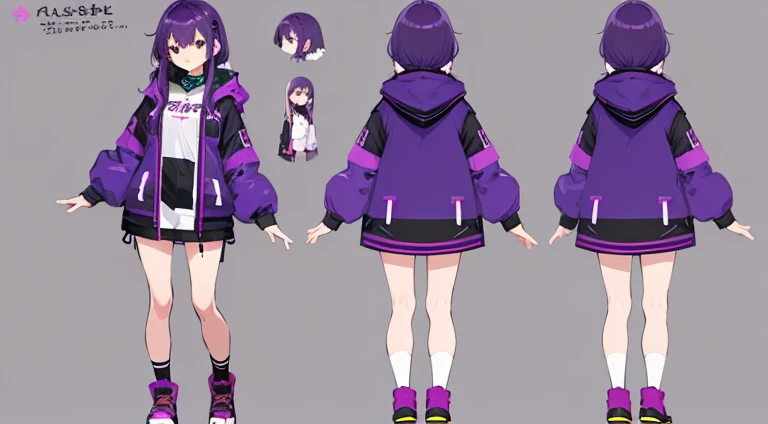 (Best Quality, masutepiece), , 15 yo,Cute, Standing Girl, three view drawing, front, Back and sides, Character Sheet,Full body, Background,Purple hair,Long hair, ciber,Near future,parka,A sexy