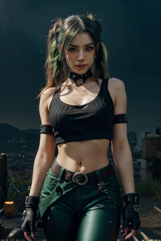 1 woman, (League of Legends style\), League of Legends style setting, only, Smile, Looking at viewer, black hair with green highlights, twin tails, deep green eyes, collarbone, bare shoulders, off the shoulder, short sleeves, jacket, green jacket with black details, orange tank top, abdomen, gloves, black gloves, fingerless gloves, pants, black pants, belt, night sky background, trending on Artstation, highly detailed, fine detail, intricate, ((Edge Light)), (Backlight), (bloom), modelshoot style, Synthwave, Dreamlikeart, CyborgDiffusion, nvinkpunk,Kuvshinov,Dreamlikeart,Samdoesart