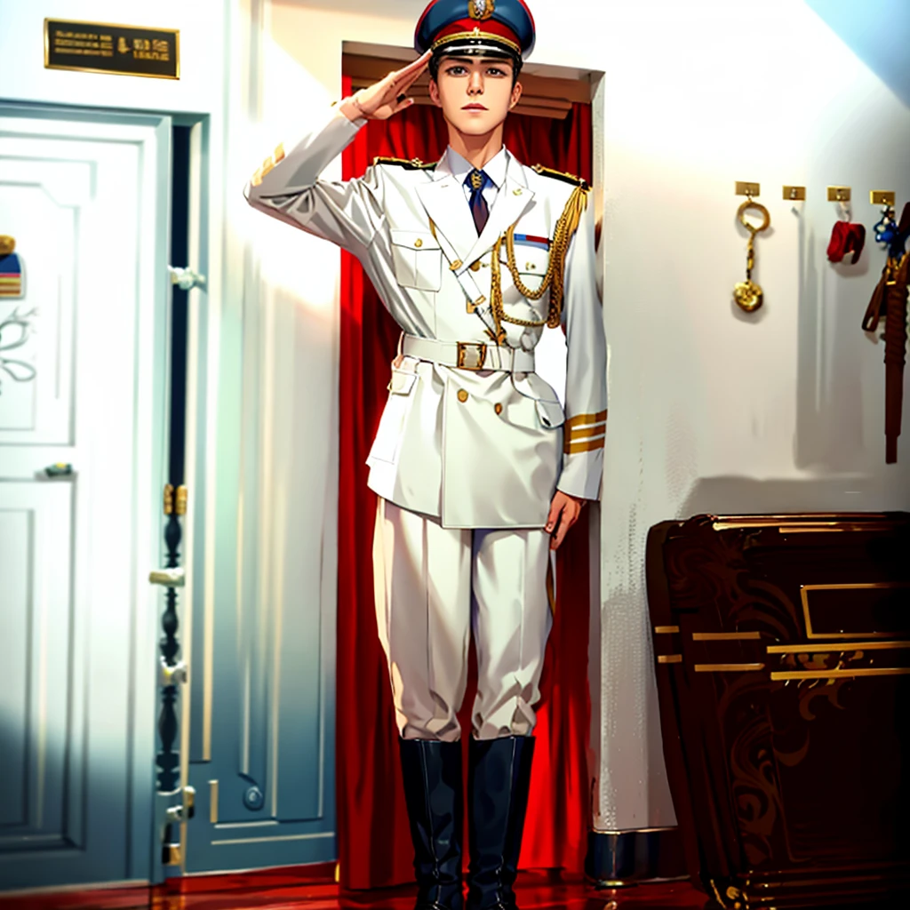 French-German man in uniform salutes in room with door, complete set, in a soldier uniform, complete set, Embroidered Guard, army suit, white colors, military officer, in a soldier uniform, , army suit, general, High quality clothing,Riding boots，solid color backdrop