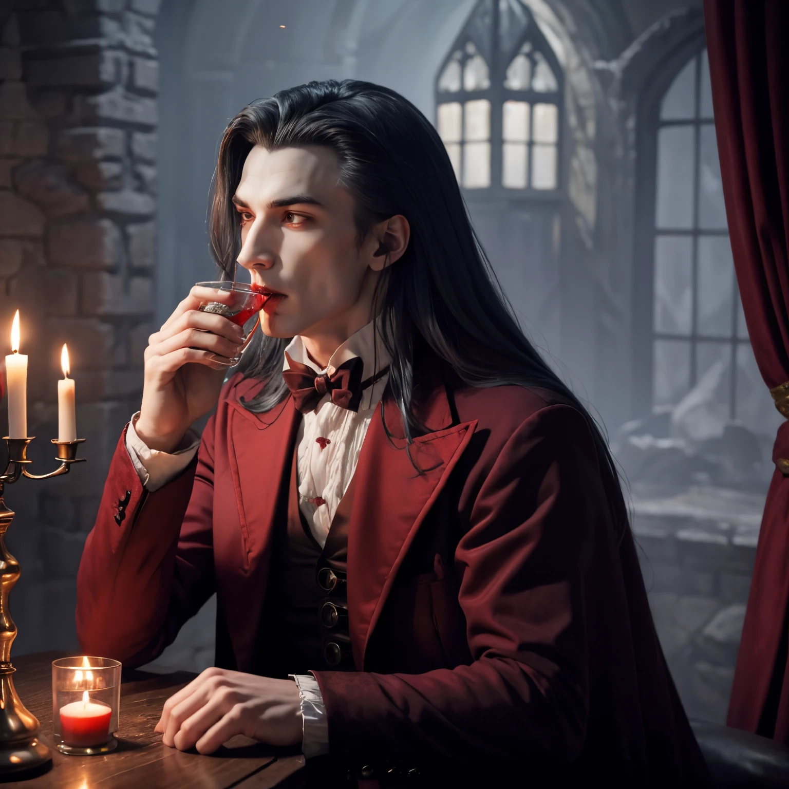 dracula drinking blood in his castle, candle lights