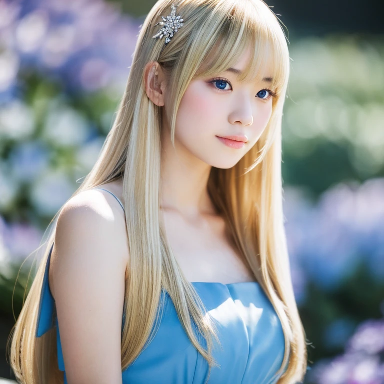 An Asian girl, with straight, long blonde hair with bangs, angelic face and pale skin, wearing a long blue princess dress
