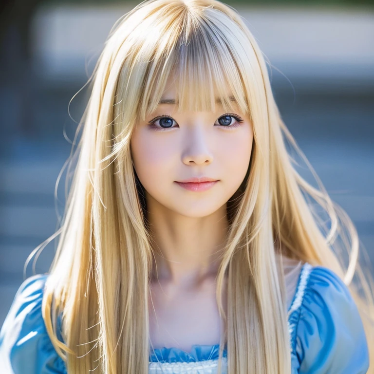 An Asian girl, with straight, long blonde hair with bangs, angelic face and pale skin, wearing a long blue princess dress