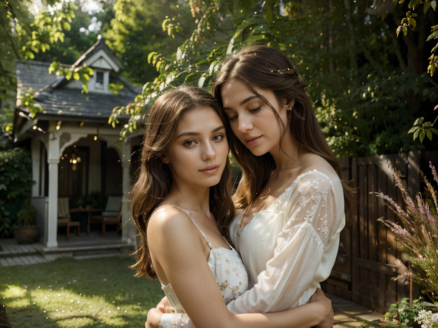 (best quality,4k,8k,highres,masterpiece:1.2),ultra-detailed,realistic,romantic women,soft lighting,beautiful detailed eyes,layered hairstyles,long flowing hair,loving expression,subtle smiles,glowing skin tones,natural beauty,dreamy atmosphere,warm colors,gentle touch,lovely dresses,sun-kissed background,serene garden setting,floral accents,peaceful ambiance,dappled sunlight,whispering leaves,evocative emotions,magical connection,affectionate embrace,eternal love