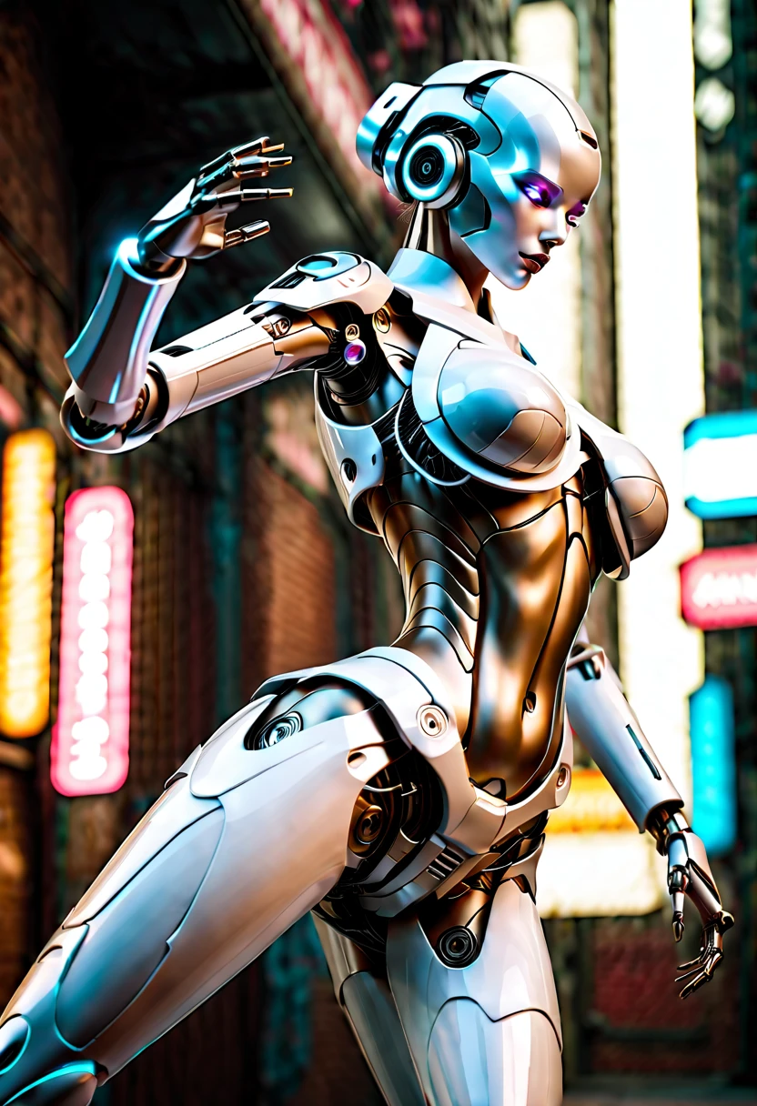 beautiful sexy cyberpunk android robot woman, best quality, super detailed, maxres, full body posing like a balet dancer leaping through the air.