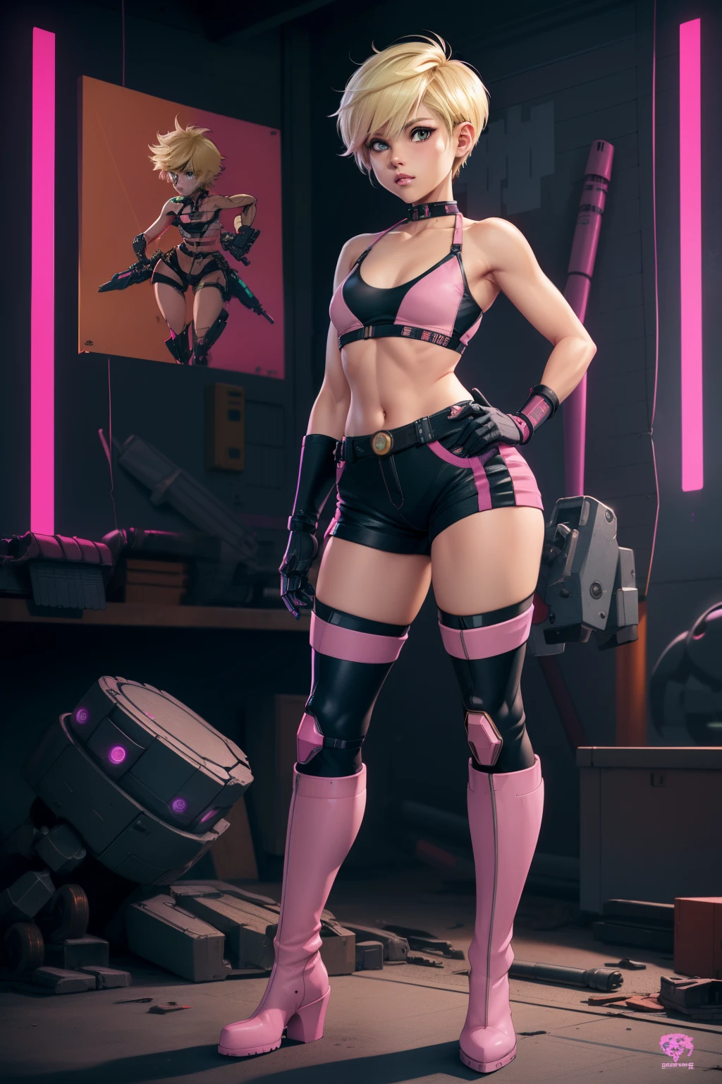 GameGirl , (blonde pixie style haircut) with pink streak highlights, 80's anime style, (flat chest), thighs, hips, small waist, giant robot machine shop, biker shorts, she is fixing broken giant robot with tools, bikini top, dynamic range. Fullbody, neon thigh high boots