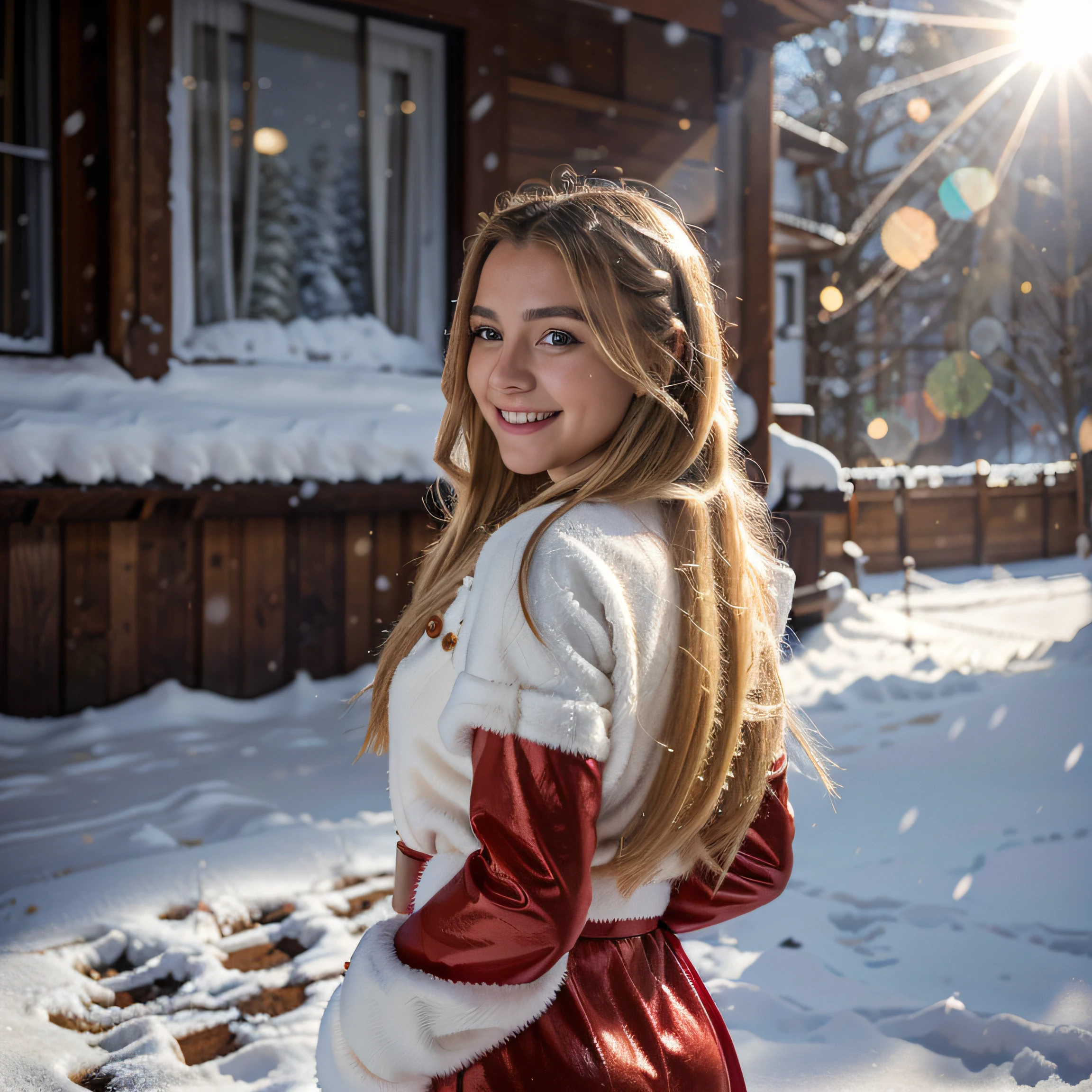 RAW photo, 20 years old beautiful girl wearing santa outfit, blonde balayage, long hair, her hands are behind her back, smiling, outside, winter, snowing, realistic, masterpiece, highest quality, lens flare, [[chromatic aberration]], best shadow, photorealism, hyperrealism, one girl, random poses,