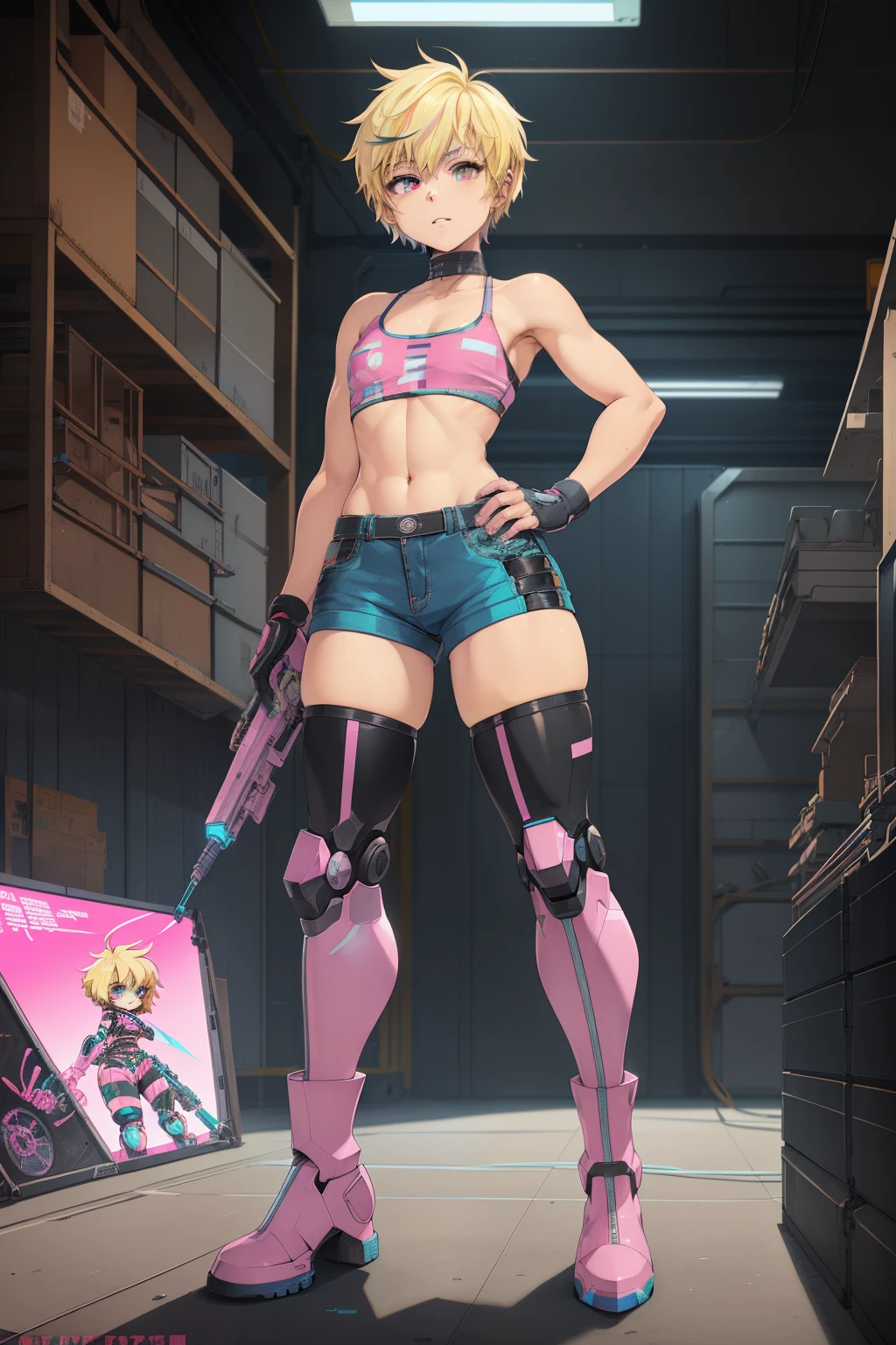 GameGirl , (blonde pixie style haircut) with pink streak highlights, 80's anime style, (flat chest), thighs, hips, small waist, giant robot machine shop, biker shorts, she is fixing broken giant robot with tools, bikini top, dynamic range. Fullbody, neon thigh high boots