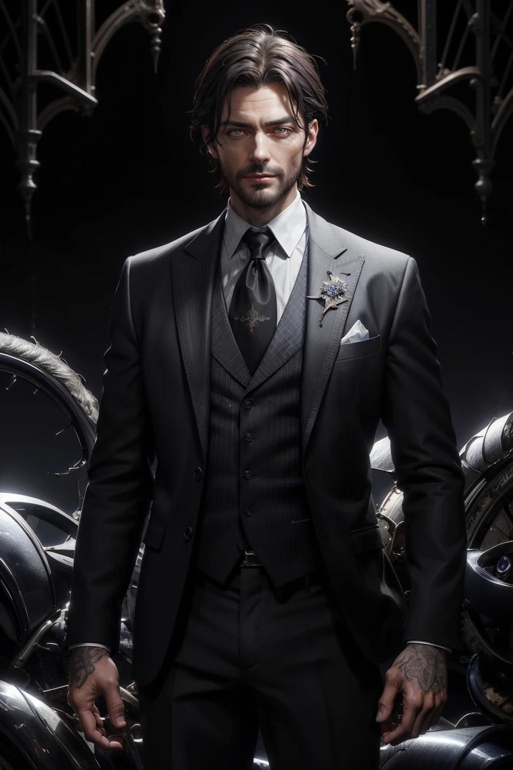 a realistic French man, in his 27 years, with a tattoo on his right arm, eye irises of the same color, very detailed eyes, brown eyes, with Incarnadine hair, short black hair, wearing a suit, fractal background, in the background there are signs crumpled gray metals, dark background, studio lighting, Fractal Art
