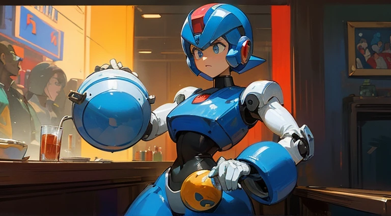 Make the robot Megaman in the interior of São Paulo in 1950 in a bar playing a tambourine