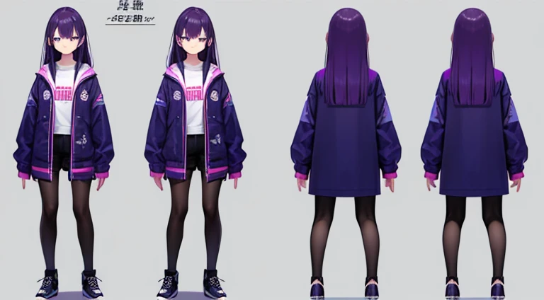 (Best Quality, masutepiece), , ,Cute, Standing Girl, three view drawing, front, Back and sides, Character Sheet,Full body, Background,Purple hair,Long hair, A sexy,Shoulders are sticking out,jaket