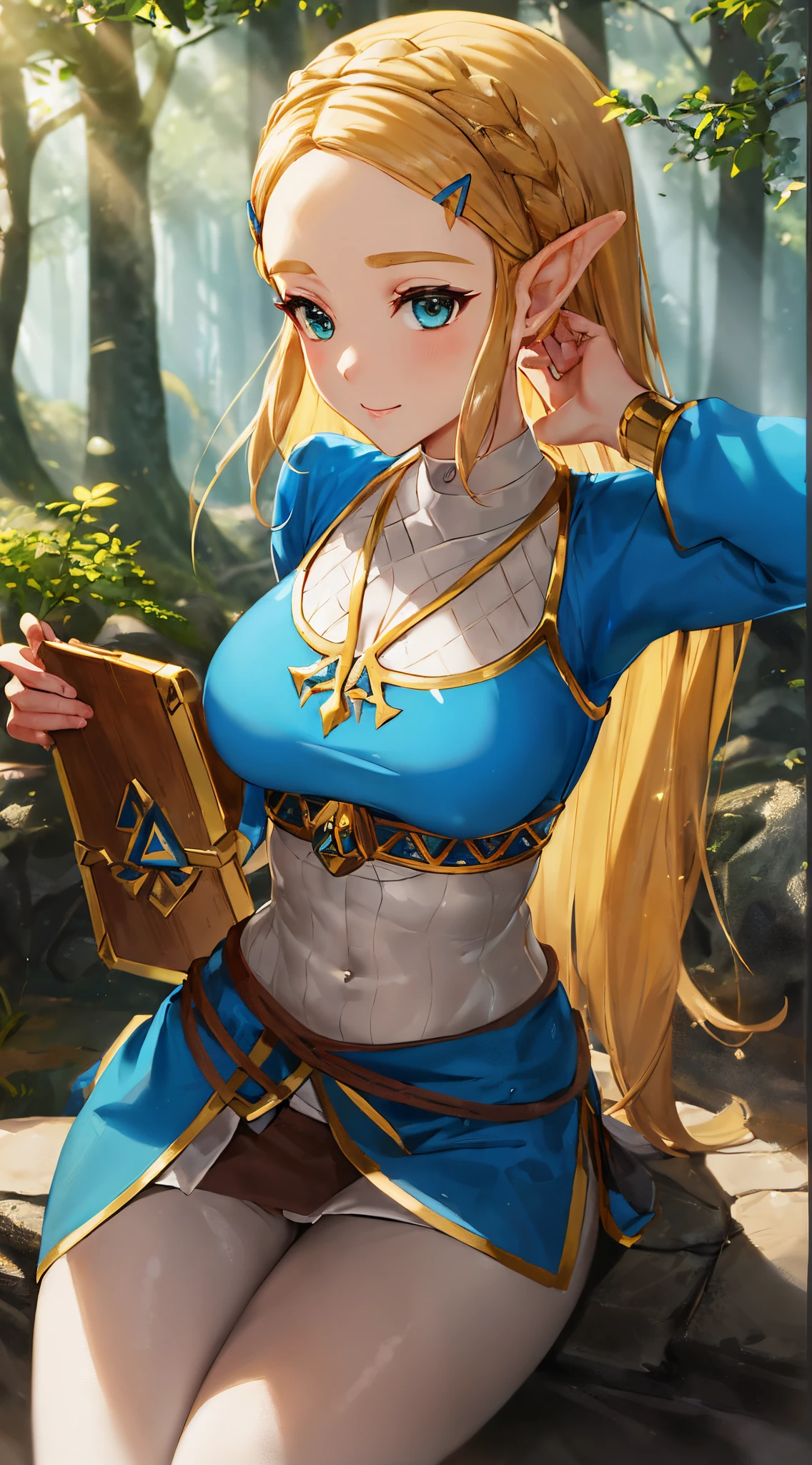 『The Legend of Zelda』A masterpiece that expresses Princess Zelda in the highest quality........, Breath of the Wild, Solo portrait of a girl with ample breasts, Shine inspired by Nintendo, The stage is in a bright forest, Blue jacket, large brown belt around the waist, Blue loincloth, Brown boots, Black leather pants, White inner, Leaning forward, (close up of face:1.3)