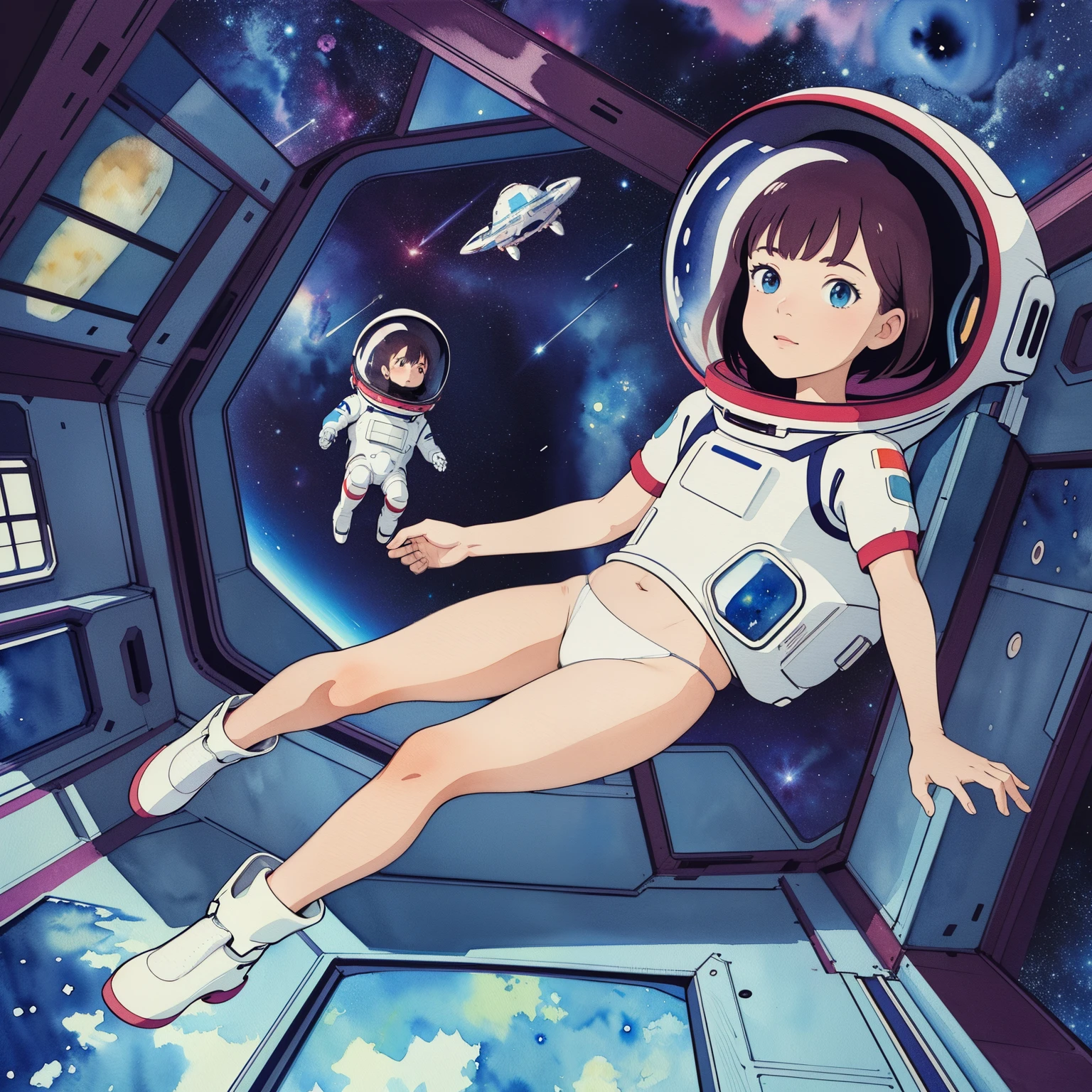 (superflat, flat shading, flat color), masterpiece, best quality, spaceship interiors, 2girls, li, petite, spacesuit, space helmet, white panties, belly, flying in zero gravity, in spaceship room, sci-fi, vibrant colors, watercolor, ghibli style