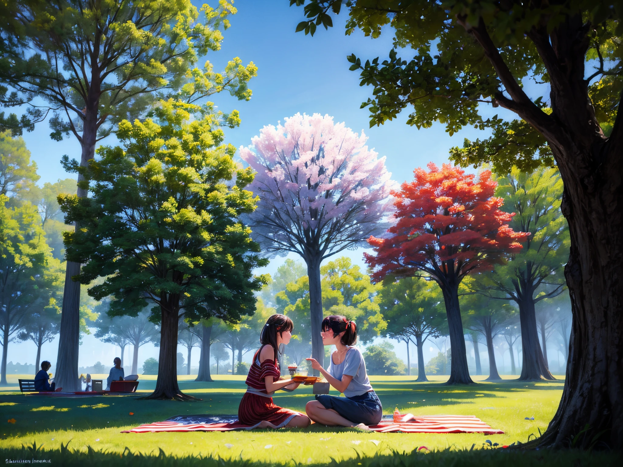 Create a serene park scene where families gather for a 4th of July picnic amidst trees shaped like fractal fireworks, blending nature's beauty with the festive spirit. enormous tits
