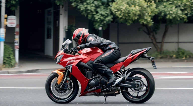 dibuja una motocicleta kawasaki z1000 2004 roja andando en una calle por la tarde a alta velocidad