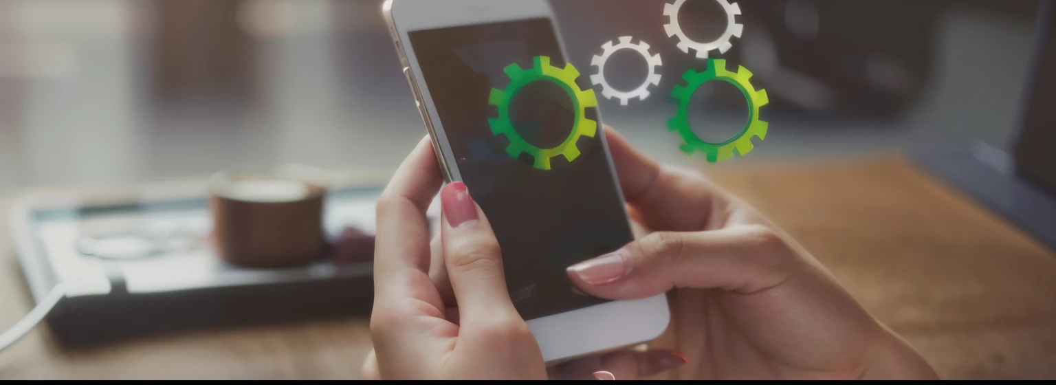 someone is holding a cell phone with gears, integrating with technology, mobile app, Advanced technology, Tecnologia, Tecnologia moderna, Tecnologia, Tecnologia Smooth, Tecnologias, mobile learning app prototype, Mobile Game, com recursos precisos, cativante, rotating, Transformar, stylised illustration, tema colorido verde, furnitures, Engrenagens e engrenagens, Mecanismo de fluxo de trabalho corporativo, Cogs