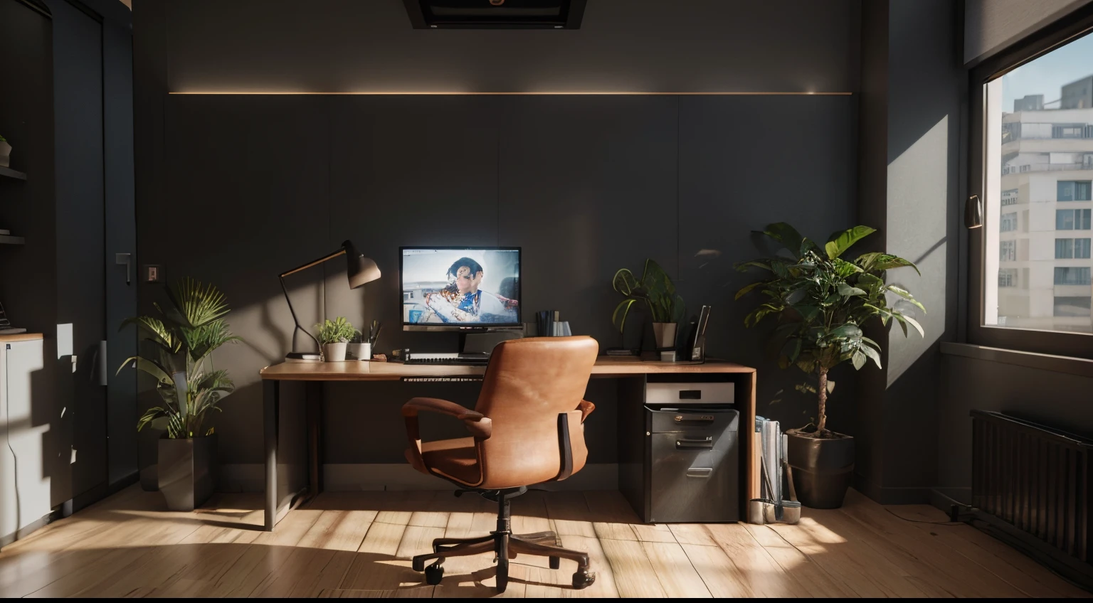 il y a un bureau avec un ordinateur et une plante dans une entrprise , Corporate animation style, animation style render, Rendu 3D propre, Aesthetic octane rendering!, 3 d animation demo reel, 3D stylized scene, Contexte du bureau, dans le style de rendu 3D, Realistic 3D style, high quality topical render, Photorealistic chamber , Rendu promotionnel colore to black Orang