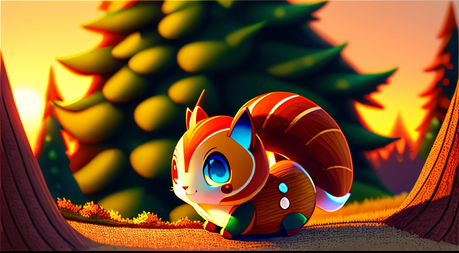 top quality Anime-style colored illustration of an anthropomorphic acorn rolling down a slope. enchanted forest on blurred background , Sunset, 3D, 4K, 32K, full HDR, Real image, By Sora