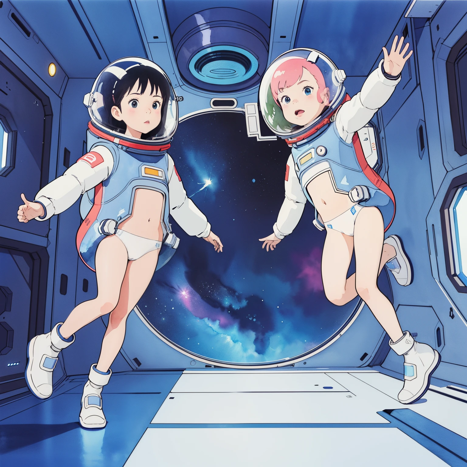 (superflat, flat shading, flat color), masterpiece, best quality, spaceship interiors, 2girls, lolitite, spacesuit two piece, space helmet, white panties, bely, flying in zero gravity, in spaceship room, sci-fi, vibrant colors, watercolor, ghibli style