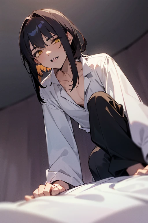 1 Boy, solo, dark hair, (white shirt), black slacks, on sheets, Long Sleeve Shirts, kneeling, seiza, cool, (sexy:1.3), Fascinating, (evil smile), [open mouth], (parted lips),collarbone, (shoot from below), (from below:2), sunset,(open collar), tsurime, Yellow eyes, (background: on bed in bedroom), high quality, high resolution, masterpiece,