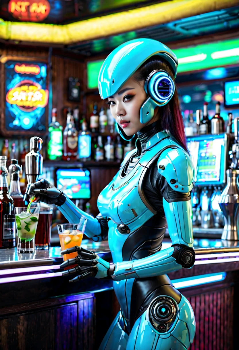 sci-fi bar interior with alien customers and android bartender, beautiful asian robot female ordering a drink from the bartender, best quality, super detailed