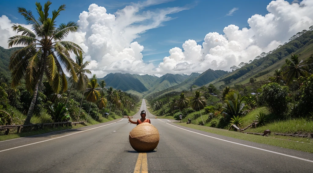 Giant coconut rolling down papua new guinea road