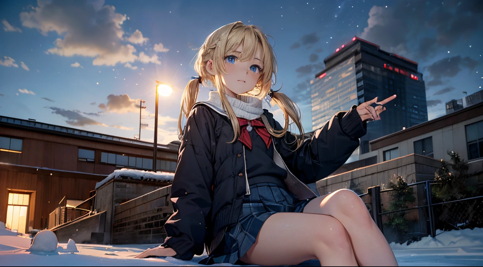 masutepiece,8K,octans, Skysky, stele(Skysky), landscapes, starrysky, natta, looks at the camera, (Legs without stockings:1.iercing gaze, nigh sky, report, plein air, built, ​​clouds, milkyway, 城市, silhuette, Cityscape,(Short, Low twin-tailed blonde hair:1.2), (Deep Blue Eyes:1.iercing gaze, small smile, (winter school uniform:1.1)
