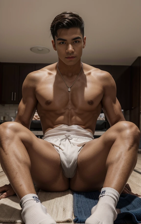 18-year-old boy, Young, boy, age, Latino, mexicano, colombiano, venezolano, indigena, Bragas blancas envueltas, big bulge, White soccer socks, sat on the floor, legs are open, sudar,desnudez , cara hermosa, piel morena y tersa , Torogao, rubor en la nariz, rubor facial completo, cabello corto negro, Detalles altos, piel texturizada, alta calidad, La mejor calidad, A high resolution, hiper HD, Obra maestra