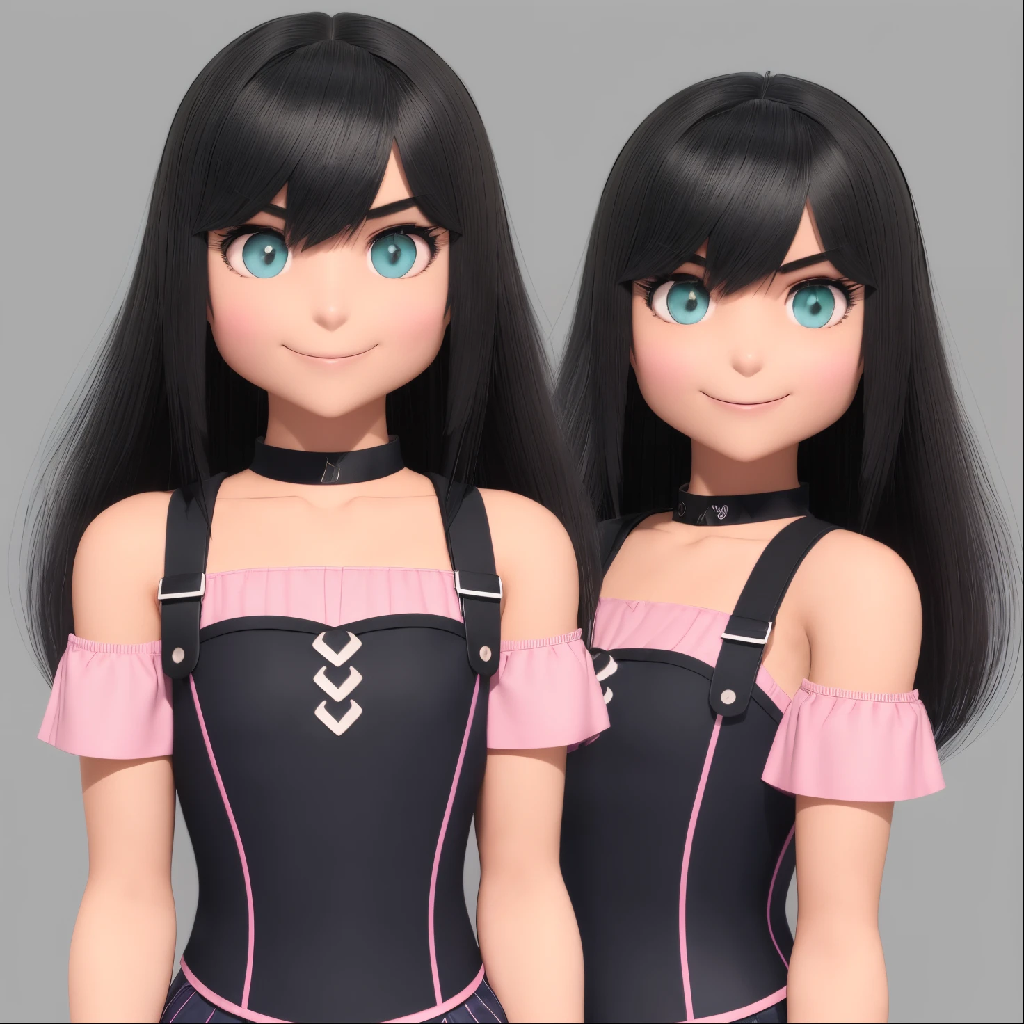 a girl character, with long jet black, hair, side left bangs that hangs over her eyebrows. Jade eyes, serious eye shape. Wearing a off shoulder, short sleeve, pink shirt with a black corset and navy blue shorts. wearing high thigh brown boots and black fingerless gloves. smiling expression.