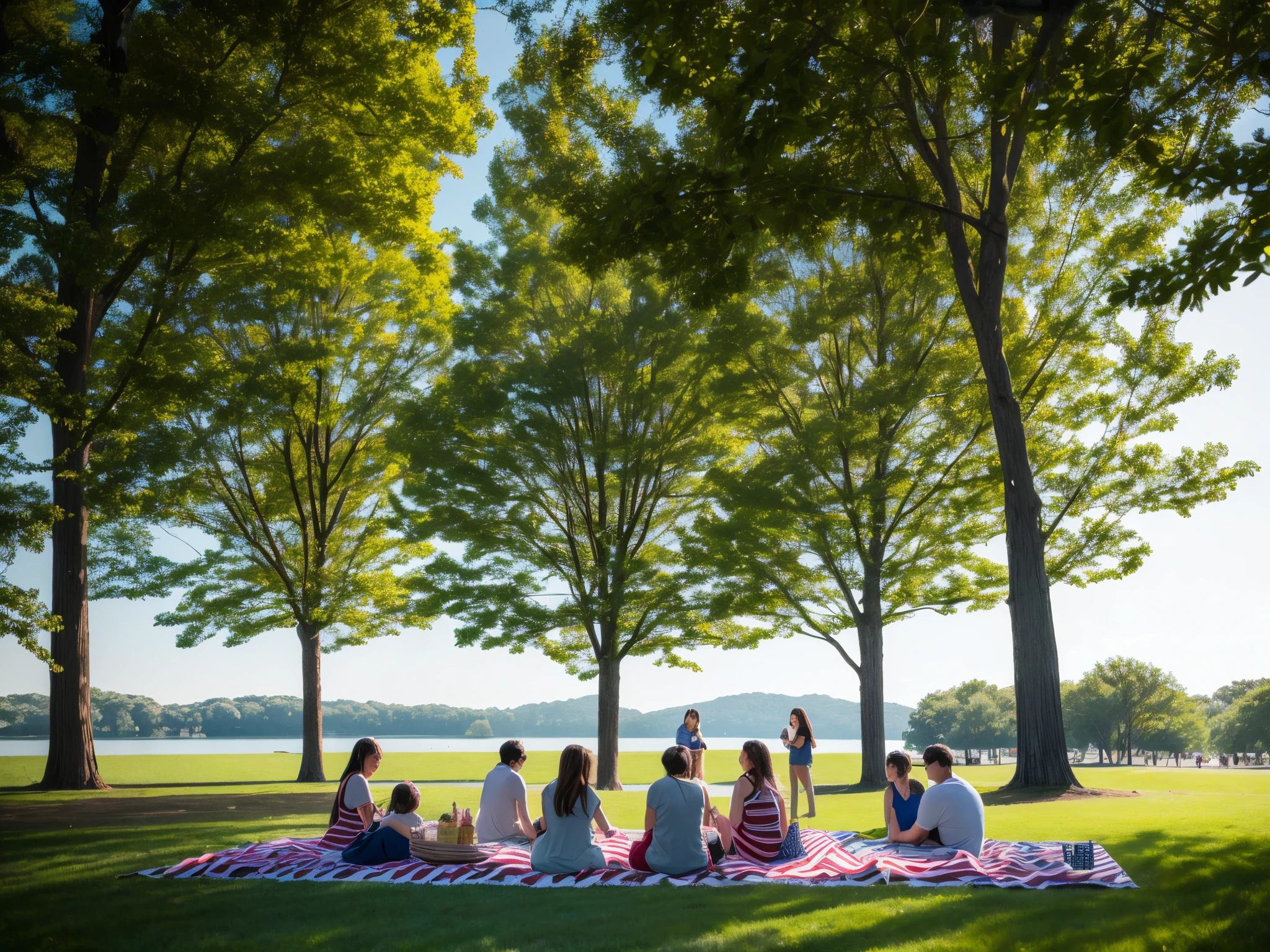 Create a serene park scene where families gather for a 4th of July picnic amidst trees shaped like fractal fireworks, blending nature's beauty with the festive spirit. enormous tits
