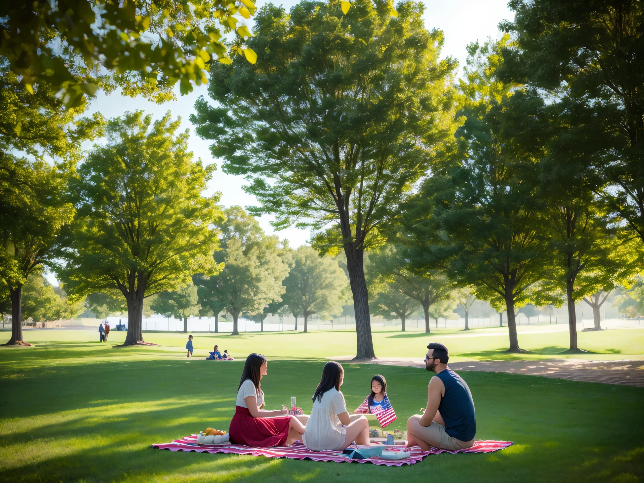 Create a serene park scene where families gather for a 4th of July picnic amidst trees shaped like fractal fireworks, blending nature's beauty with the festive spirit. enormous tits