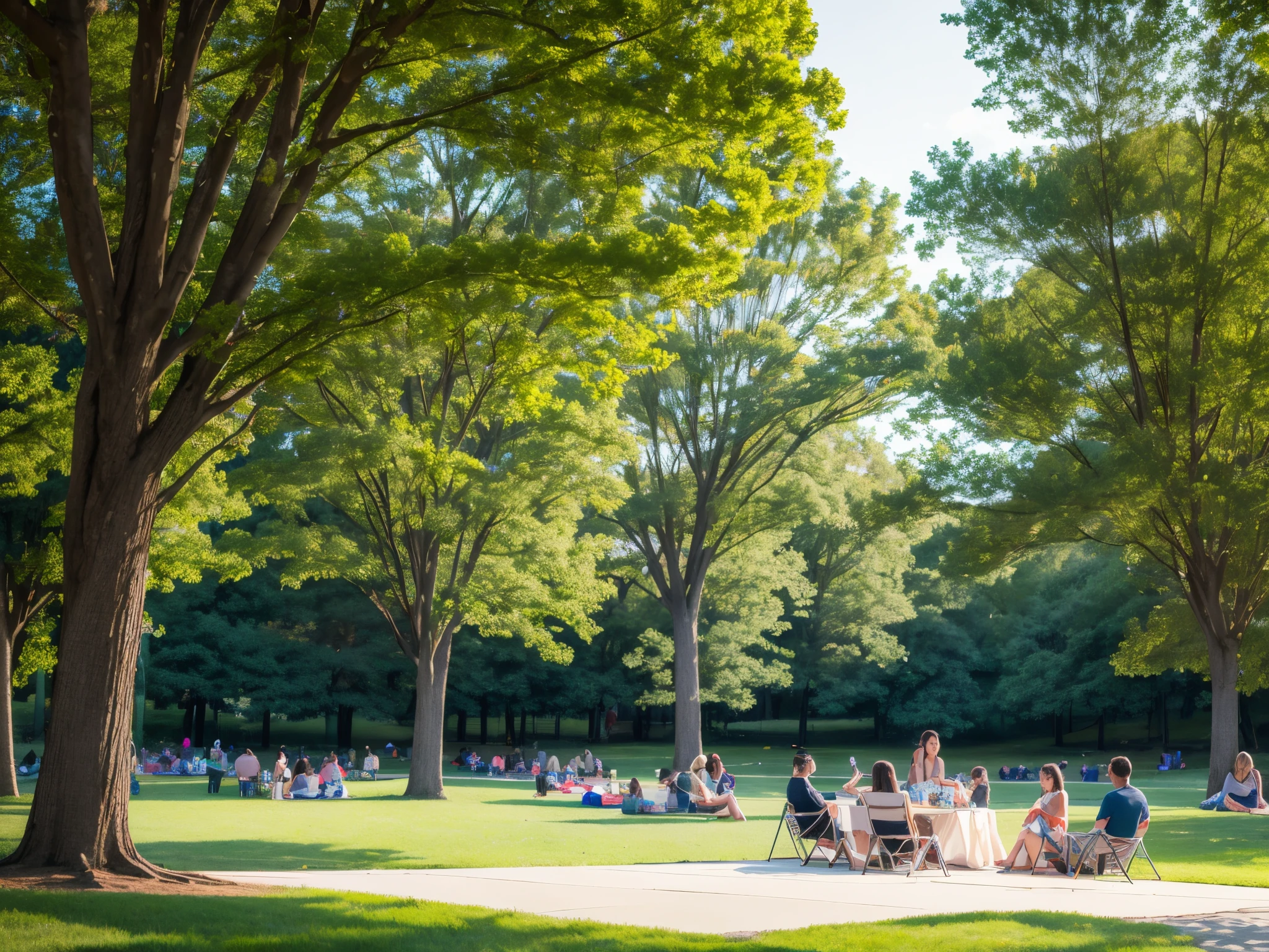 Create a serene park scene where families gather for a 4th of July picnic amidst trees shaped like fractal fireworks, blending nature's beauty with the festive spirit. enormous tits