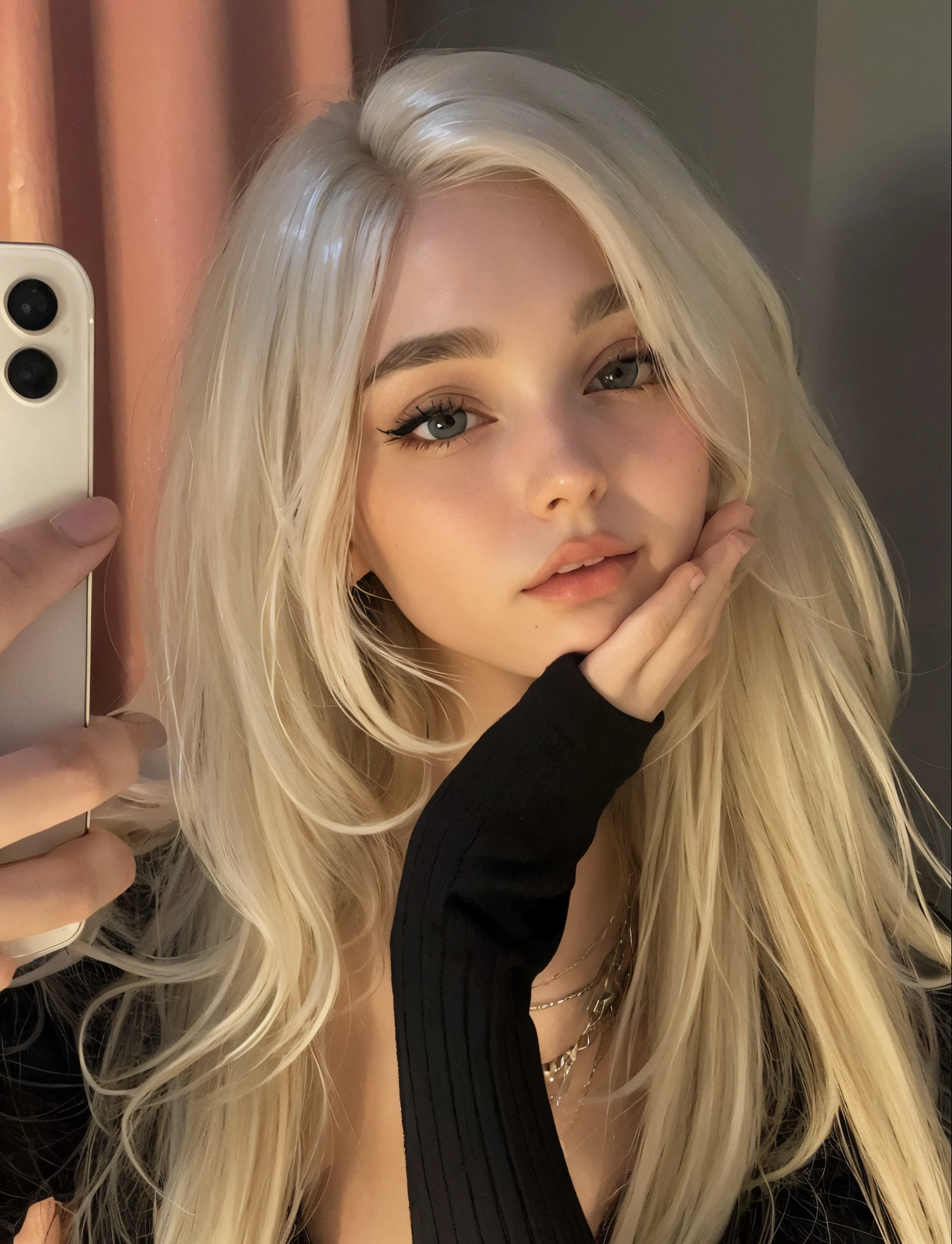 Mulher loira com cabelo comprido tirando uma selfie em frente a um espelho, ava max, menina perfeita de cabelos brancos, her hair is white, menina com cabelo branco, com cabelos longos brancos, longos cabelos brancos e franja, com longos cabelos brancos, longos cabelos loiros e olhos grandes, Retrato de Kim Petras, uma menina com cabelo loiro, longos cabelos loiros e olhos grandes
