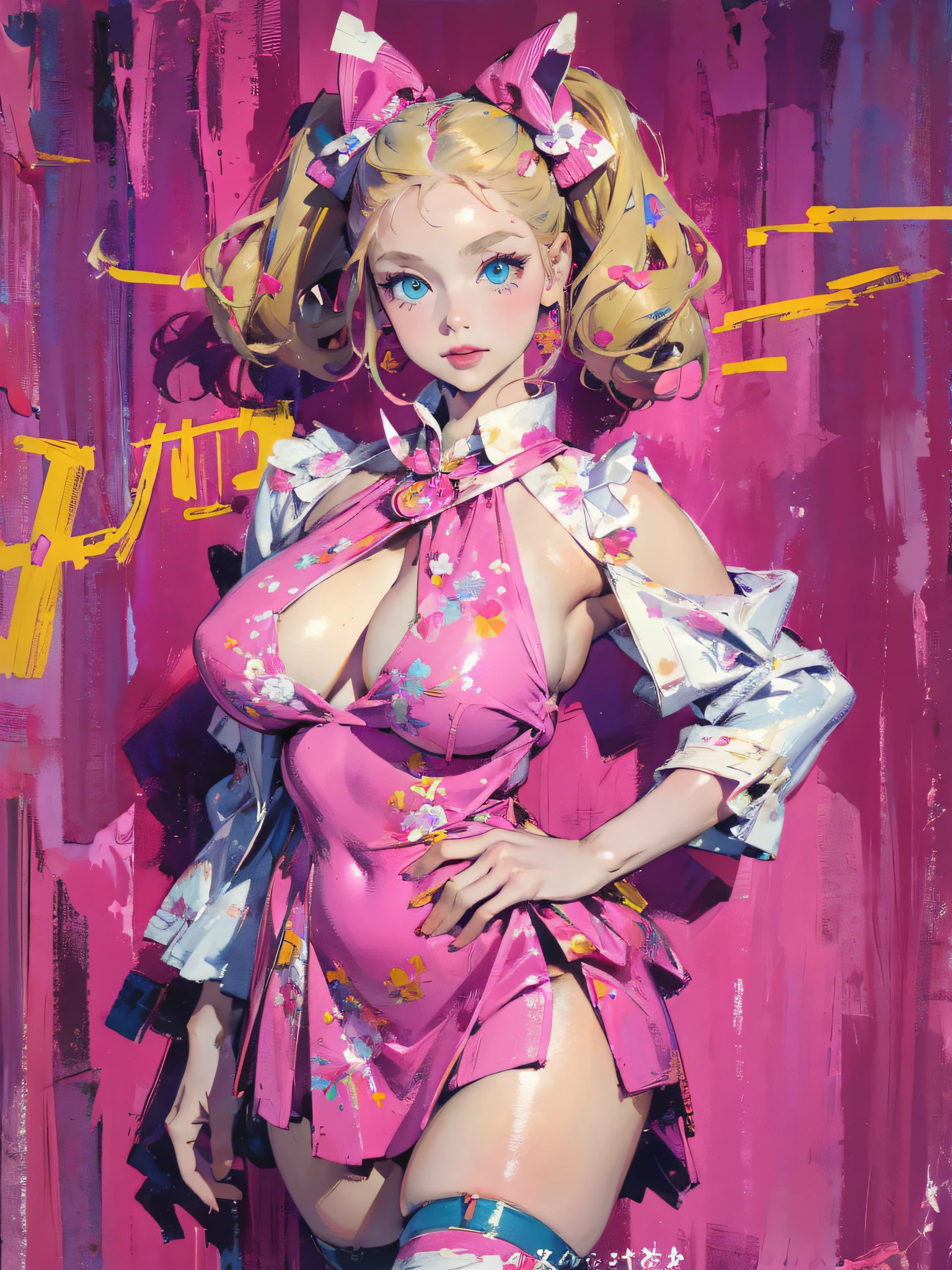 masterpiece:1.2, best quality), (magazine cover), (colorful Magazine cover with lots of text), brilliant colorful paintings, Comic cover style,  Adult Woman, Adult with blue eyes, with Blonde Pigtails with big hair bows wearing a very skintight pink club dress, huge boobs, Lots of cleaveage, very curvy, thigh highs, Curvy. Slutty, Pink Vibe, Pink Environment, Bar, Club, Pink Aesthetic, Bows In her Hair. photorealistic, ultra high res, intricate, hyperdetailed, (skindentation), cute, feminine, [symmetrical:0.8], detailed body , (detailed face:1.1), (outlined iris), (hidrocor lenses), (perfect eyes), 4k, magazine cover, (highly detailed:1.2)