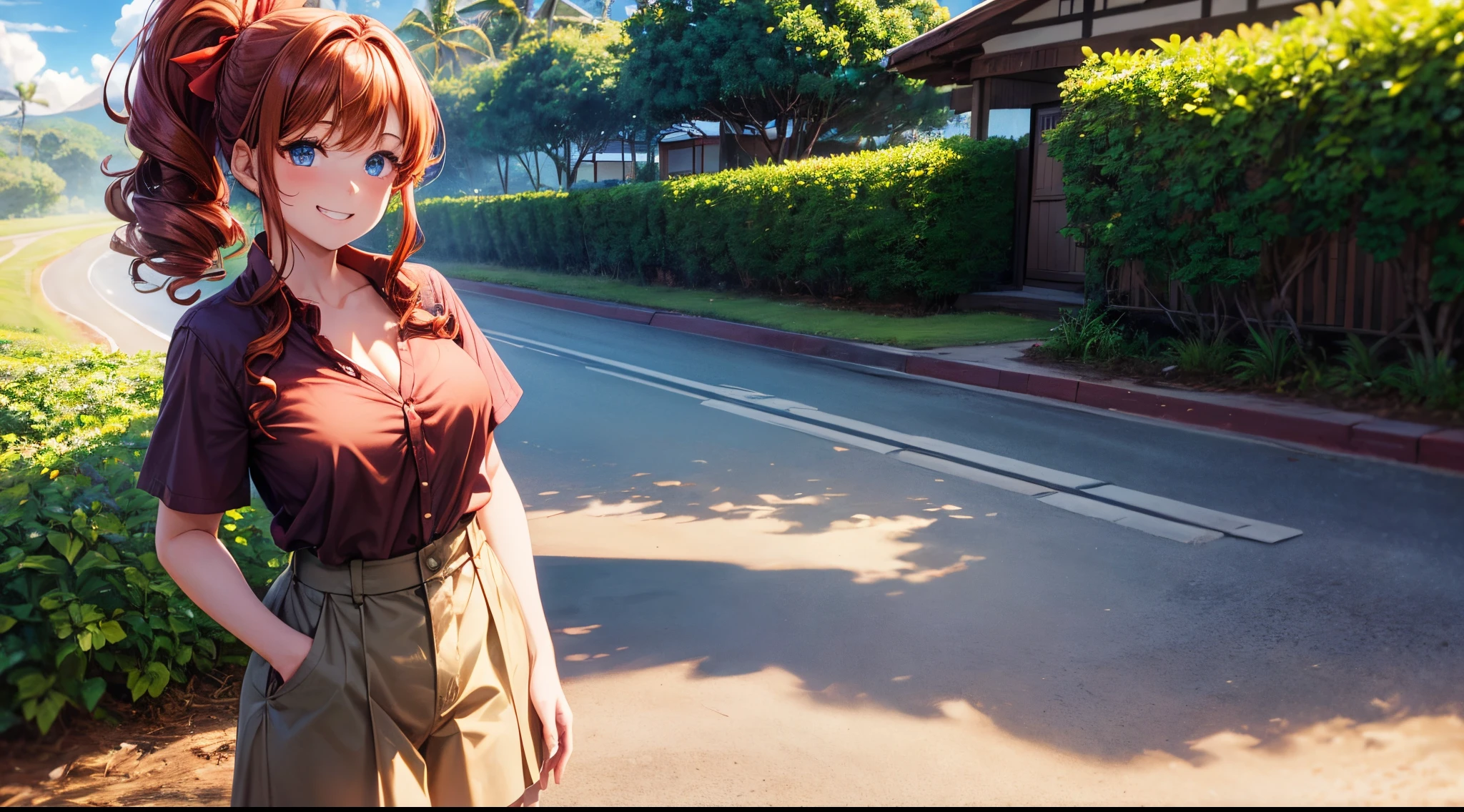 1girl, solo, full body, summer, village, trees, sun, clouds, brown and red hair, curly hair, ponytail, large breasts, button down, dark blue eyes, ((hawaii shirt)), ((unbuttoned shirt)), ((short sleeved shirt)), skirt, brown shoes, grin, looking at the viewer, standing, hair ribbon