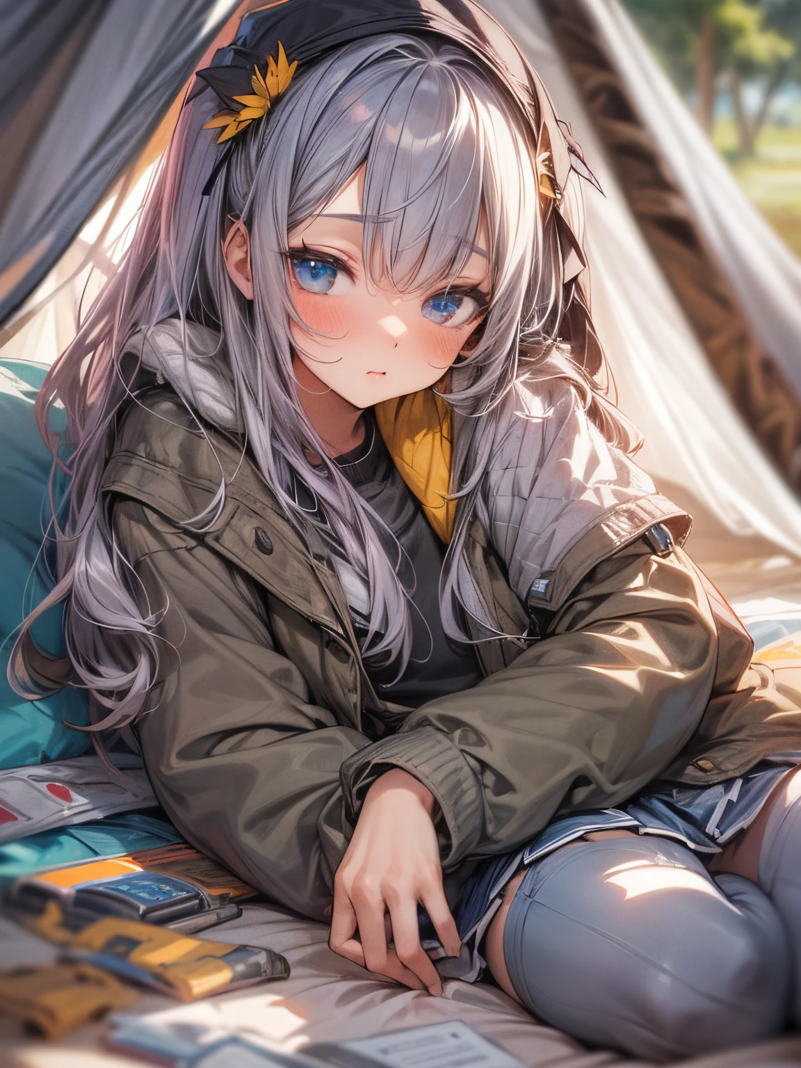 (masterpiece), (Best Quality), ((Super detailed beautiful face and eyes)), Vivid Color, Anime Style, Young Woman, cinematic Angle, taking a nap at the campsite, jaket, Loose skirt, Tent, chii, Sun, Warm light,