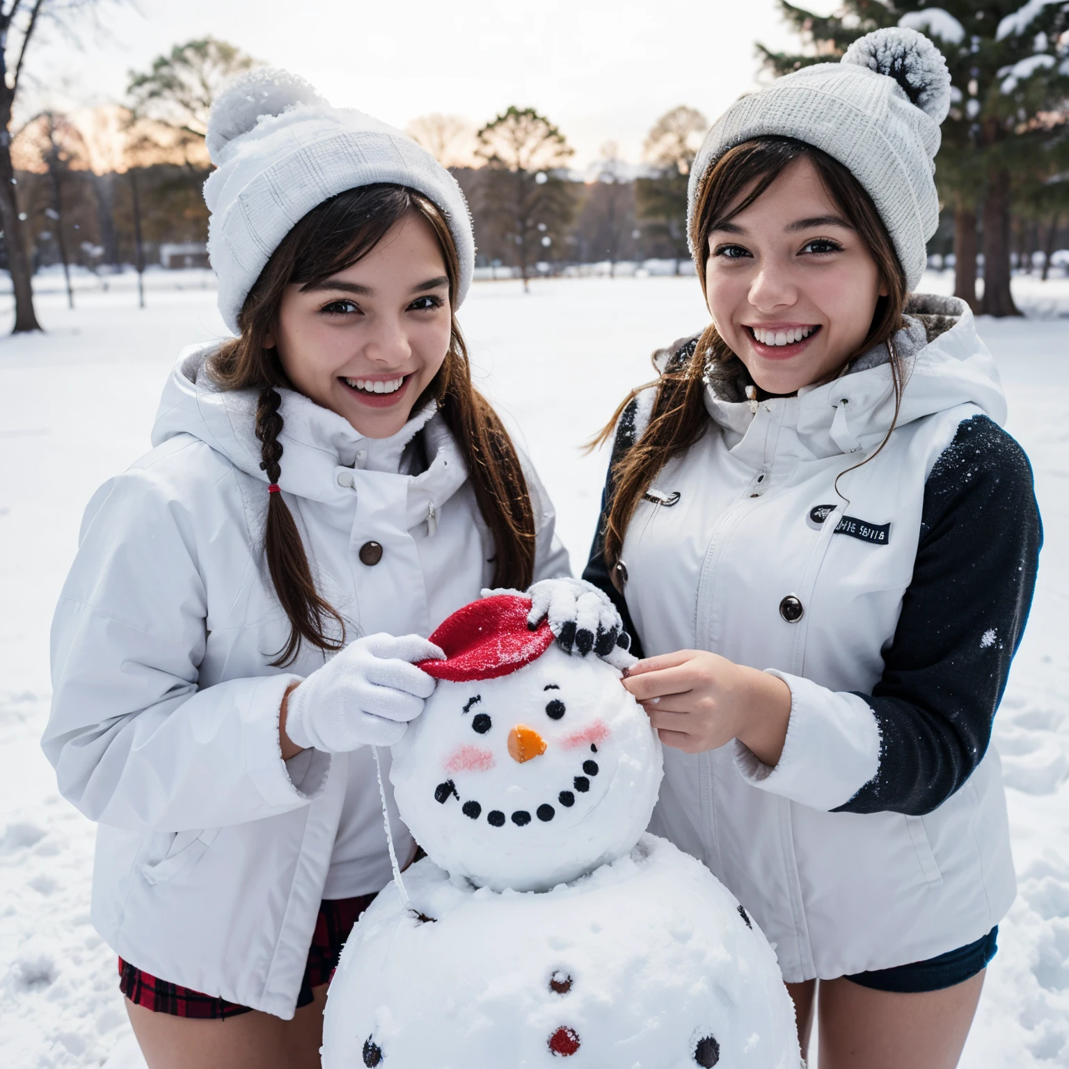 Two cheerful girls making a snowman