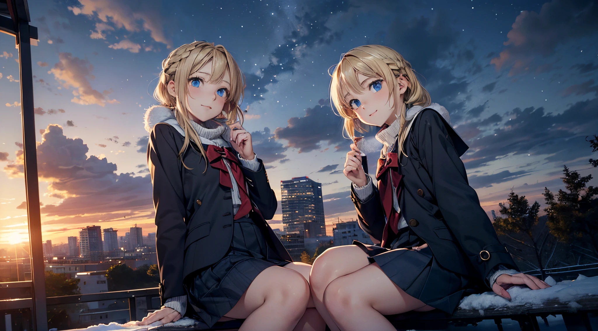 masutepiece,8K,octans, Skysky, stele(Skysky), landscapes, starrysky, natta, looks at the camera, (Legs without stockings:1.iercing gaze, nigh sky, report, plein air, built, clouds, milkyway, 城市, silhuette, Cityscape,(Short, Low twin-tailed blonde hair:1.2), (Deep Blue Eyes:1.iercing gaze, small smile, (winter school uniform:1.1)