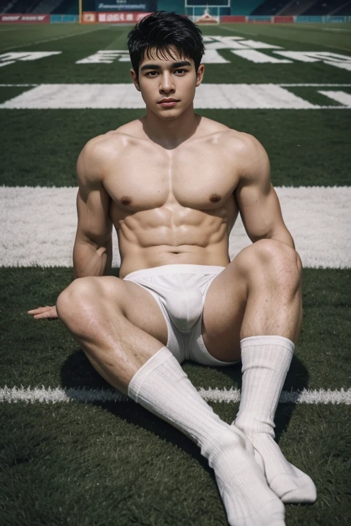 1 joven,latino, guapo,musculoso,cuerpos peludos,Calcetines blancos, Football Socks(ojos detallados:1.3),Desnudo en topless,Desnudez por todas partes,Bulto ocular negro,cuerpo completosbian,