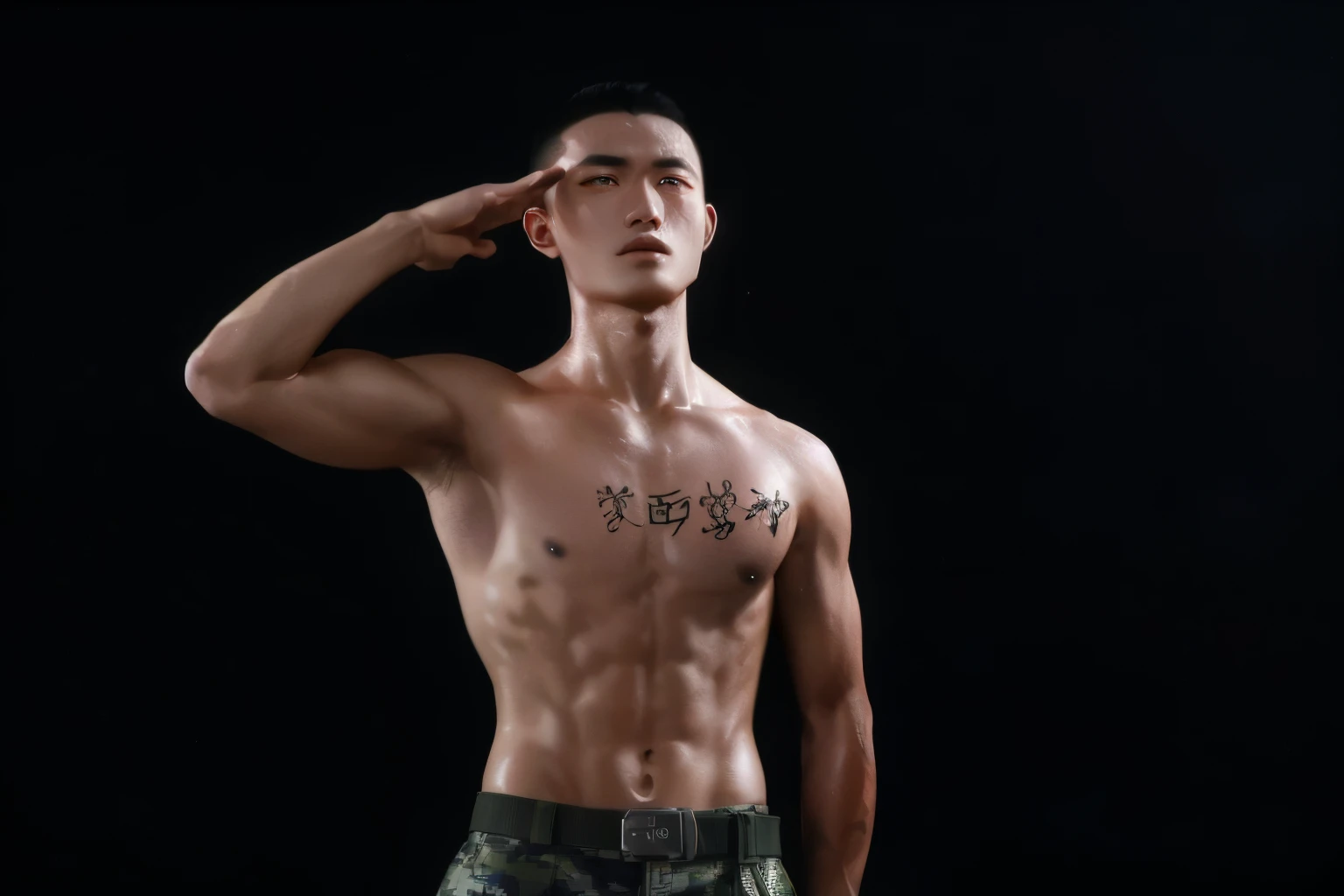 arafed man in camouflage pants with a tattoo on his chest, cai xukun, jinyiwei, nanquan, wei wang, military photography, south korean male, perfect military composure, strong masculine features, steve zheng, asian male, 2 8 ,  young male, qifeng lin, yanjun chengt, xintong chen