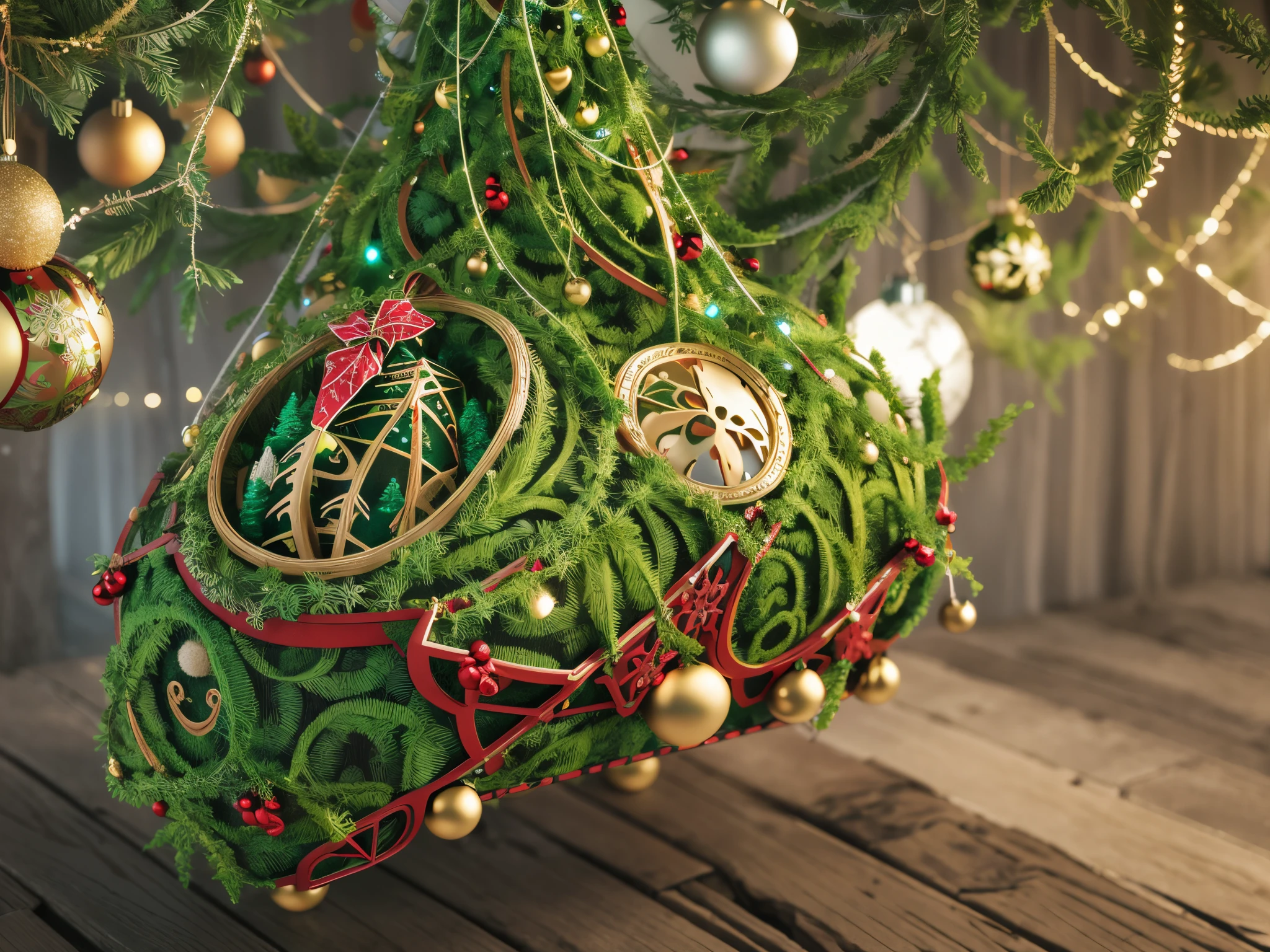 Create a symbiotic world where nature and technology harmonize, with fractal vines intertwining with 3D Christmas ornaments and Santa's sleigh powered by organic elements.