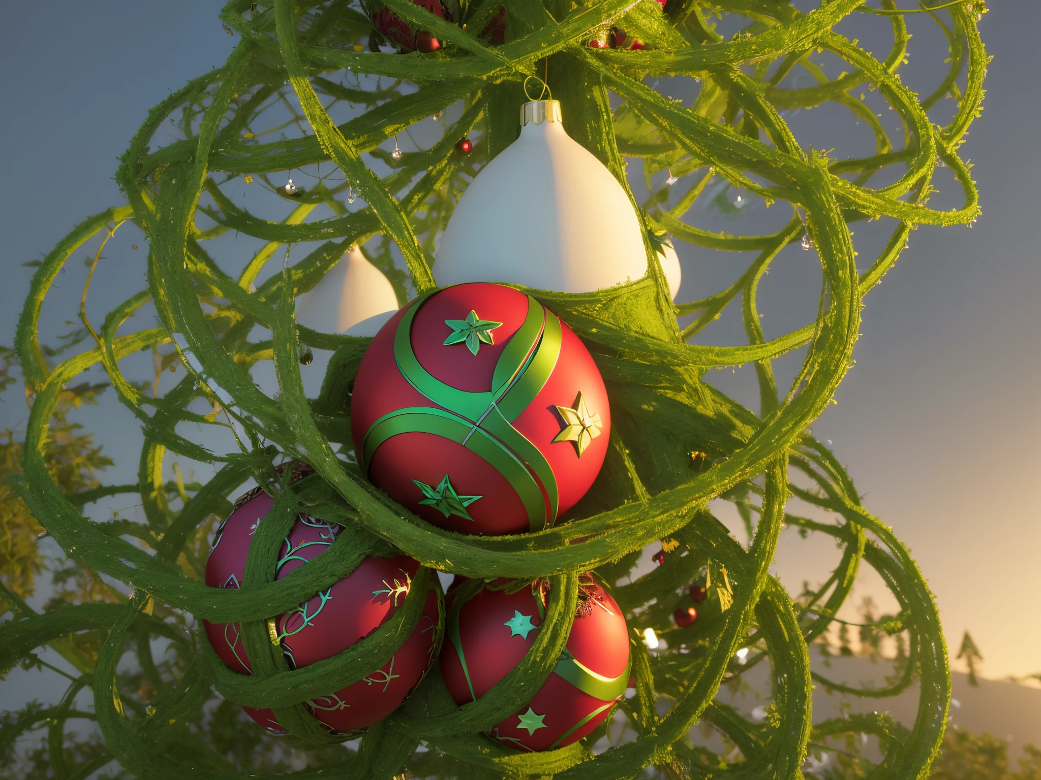 Create a symbiotic world where nature and technology harmonize, with fractal vines intertwining with 3D Christmas ornaments and Santa's sleigh powered by organic elements.