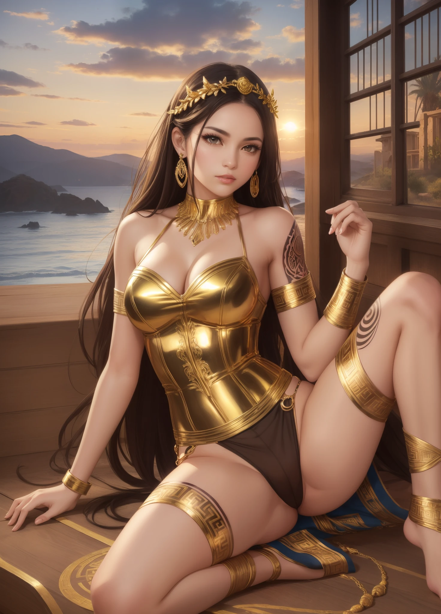 masterpiece ,ultra realistic, photo realism , beautiful black woman , wet lips , brown eyes , long brown hair , loose in the wind , muscular thighs , full body , (( tattoo on the side of the leg , tribal tattoo )) , very detailed skin , sexy position , golden dress , (( golden greek style dresright , all detailed , landscape in aphrodisiac background , window , dawn , sin , lust , strong illumination , striking , 8k --auto --s2