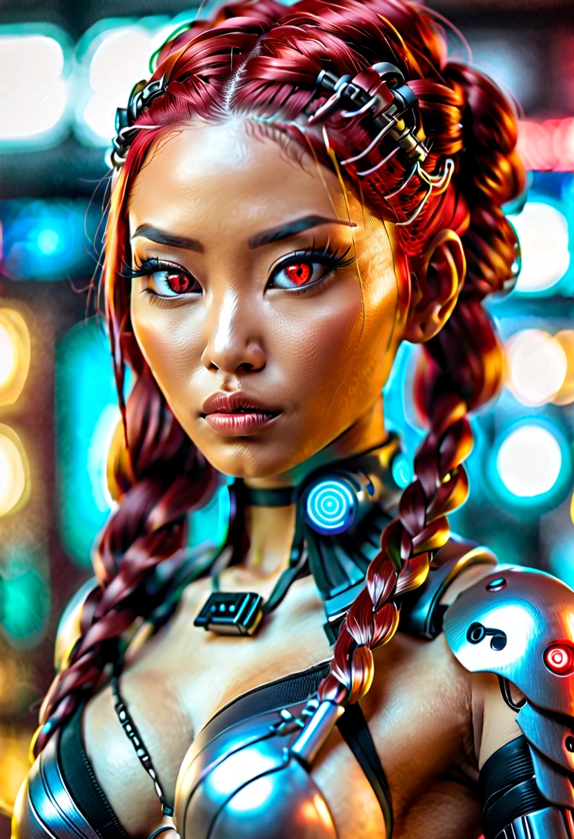 cyberpunk bar, sexy erotic Asian cyborg with braided metallic red hair and glowing eyes