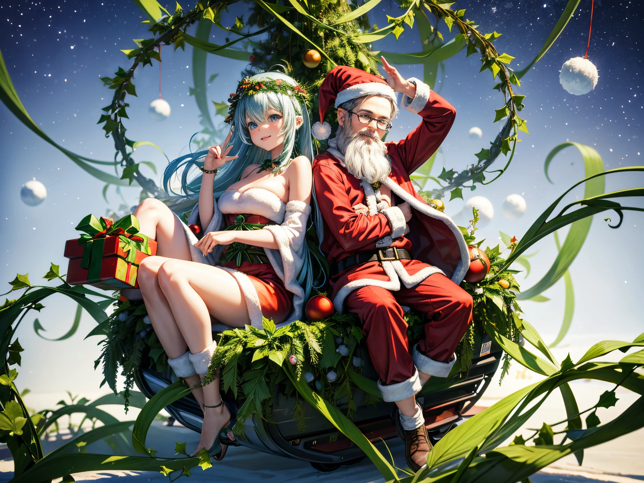 Create a symbiotic world where nature and technology harmonize, with fractal vines intertwining with 3D Christmas ornaments and Santa's sleigh powered by organic elements.