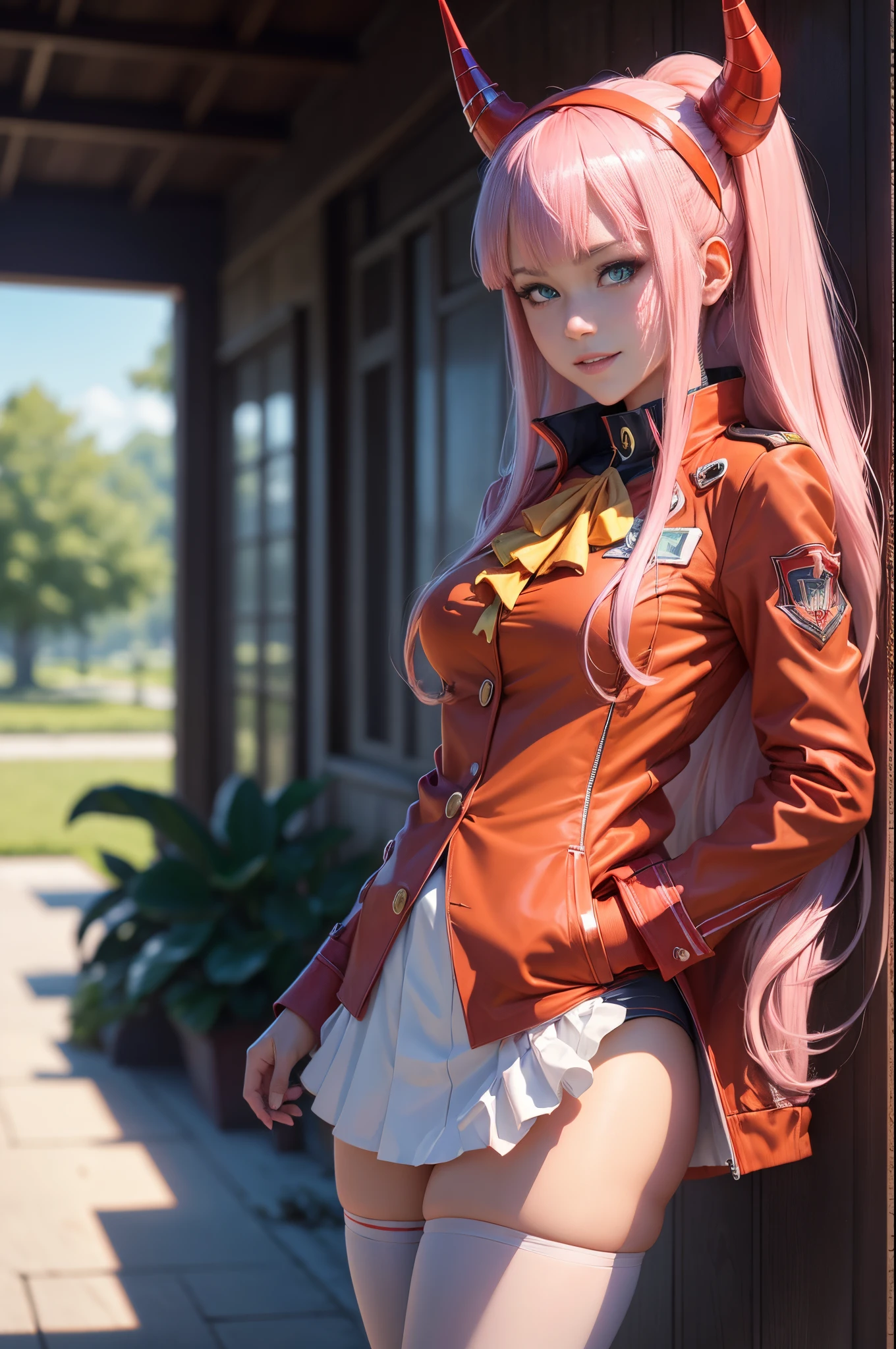((Best Quality, Masterpiece)), Detailed, Realistic, Zero Two \(darling in the franxx\), darling in the franxx, 1 woman, adult female, muscular female, evil grin, ascot, Bangs, blue background, Green eyes, hairband, Horns, Long hair, long sleeves, looking a viewer, red jacket, closed jacket, military uniform, oni horns, Orange Ascot, pink hair, Red Horn, Smile, 独奏, Standing, uniform, white hairband, ((Masterpiece)),
(Detailed image, hiquality, HDR, masterpiece, ultra detail) (realistic image), ((full body))