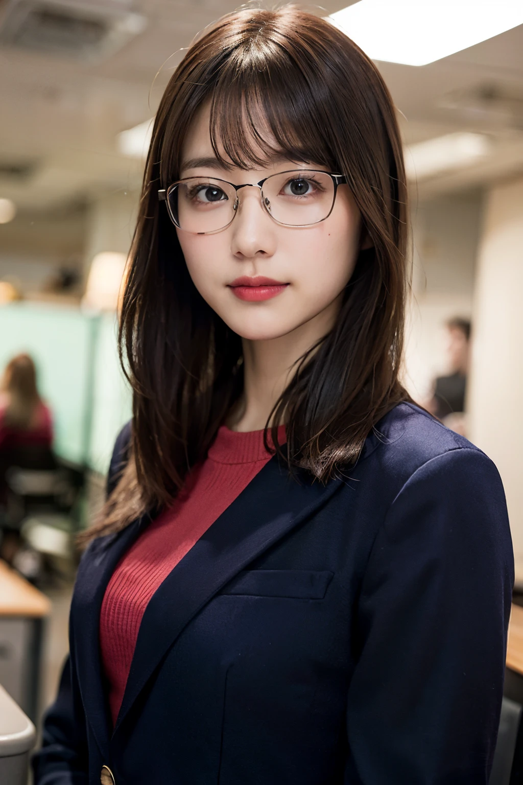 (8K、Raw photography、top-quality、masterpiece:1.2)、(realisitic、Photorealsitic:1.37)、ultra-detailliert、超A high resolution、1人、see the beholder、beautifull detailed face、A smile、Constriction、(Slim waist) :1.3)、length hair、Beautiful detailed skin、Skin Texture、Floating hair、Wearing a suit、Professional Lighting、Inside the office、Square glasses with black edging 、Whole human body、Brown hair