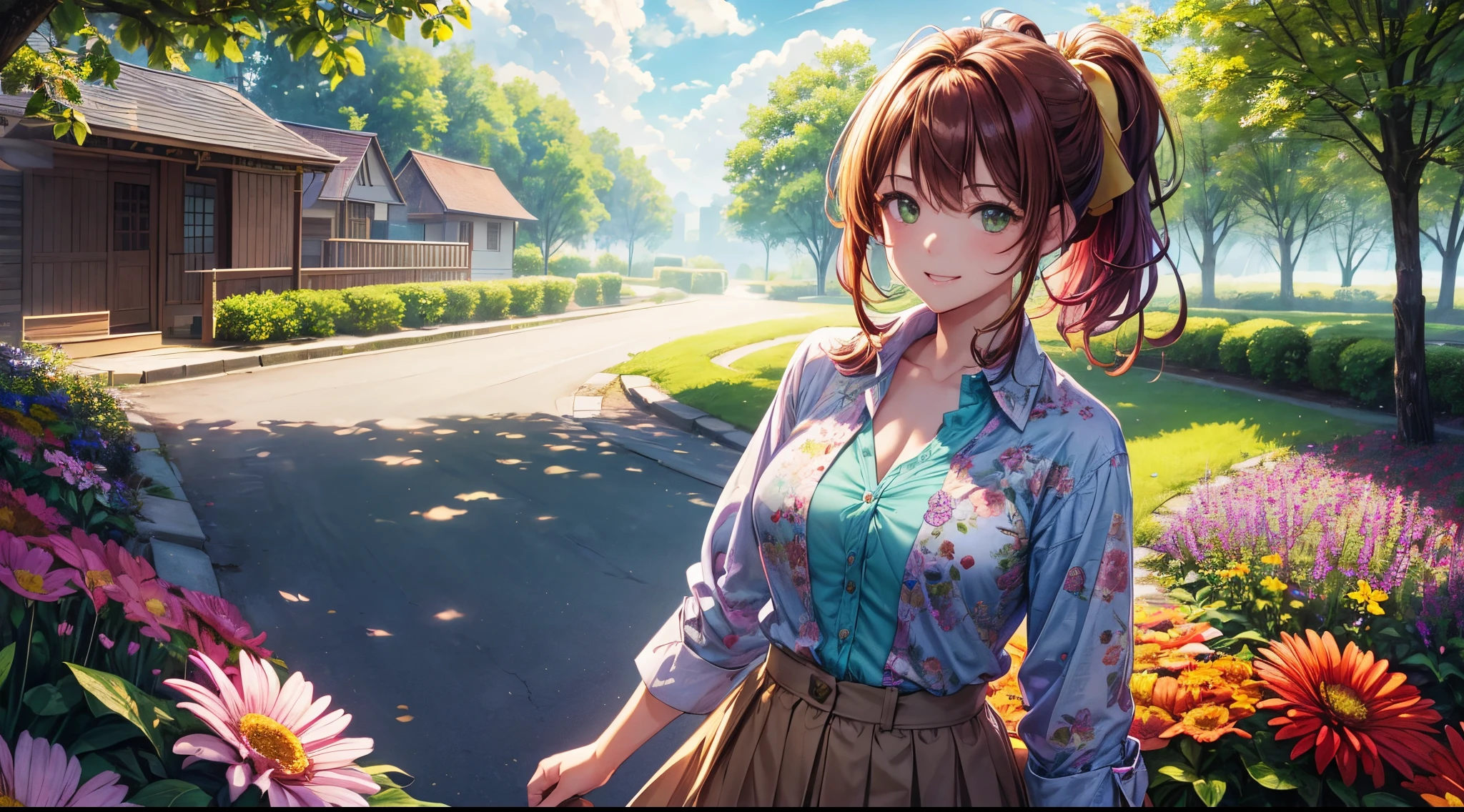1girl, full body, summer, village, trees, sun, clouds, ((colorful hair)), long hair, curly hair, ponytail, large breasts, button down shirt, ((blue floral pattern shirt)), ((unbuttoned shirt)), unbuttoning buttons, popping buttons, cleavage 1:3, brown eyes, ((opened denim jacket)), ((red black skirt)), smile, looking at the viewer, touching neck, standng, hair ribbon, golden necklate