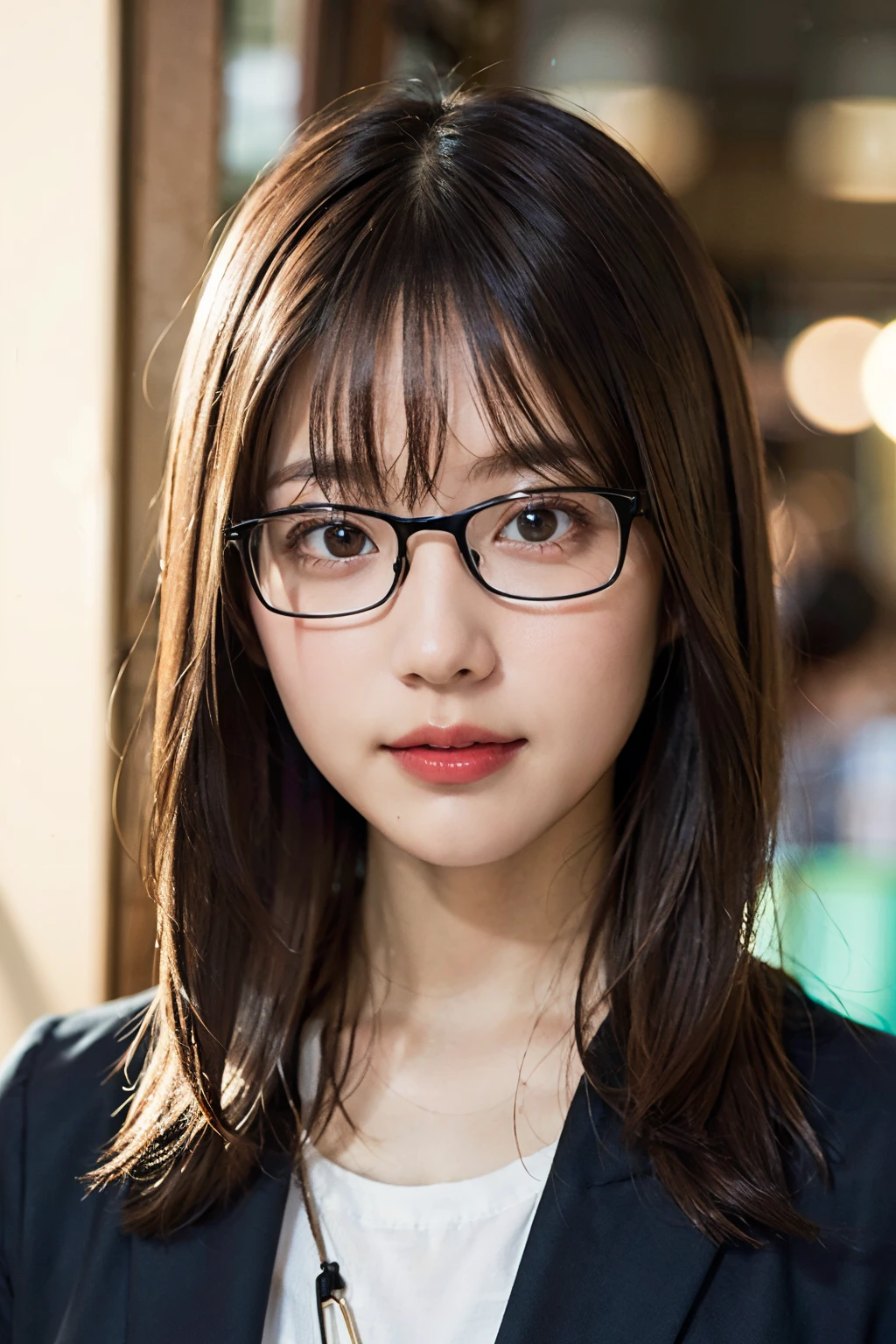 (8K、Raw photography、top-quality、​masterpiece:1.2)、(realisitic、Photorealsitic:1.37)、ultra-detailliert、超A high resolution、1人、see the beholder、beautifull detailed face、A smile、Constriction、(Slim waist) :1.3)、length hair、Beautiful detailed skin、Skin Texture、Floating hair、Wearing a suit、Professional Lighting、Inside the office、Square glasses with black edging 、Whole human body、Brown hair
