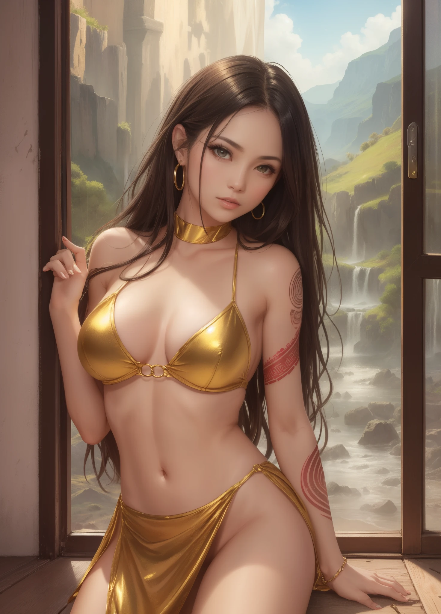 masterpiece ,ultra realistic, photo realism , beautiful black woman , wet lips , brown eyes , long brown hair , loose in the wind , muscular thighs , full body , (( tattoo on the side of the leg , tribal tattoo )) , very detailed skin , sexy position , golden dress , (( golden greek style dresright , all detailed , landscape in aphrodisiac background , window , dawn , sin , lust , strong illumination , striking , 8k --auto --s2